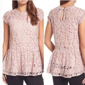 Halogen Blush Pink Lace Peplum Keyhole Top LP Sheer Y2k Trending See Through